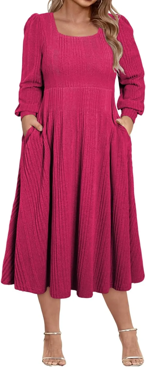 Eytino Womens Plus Size Dress Square Neck Long Sleeve Midi Sweater Dresses with Pockets(1X-5X)