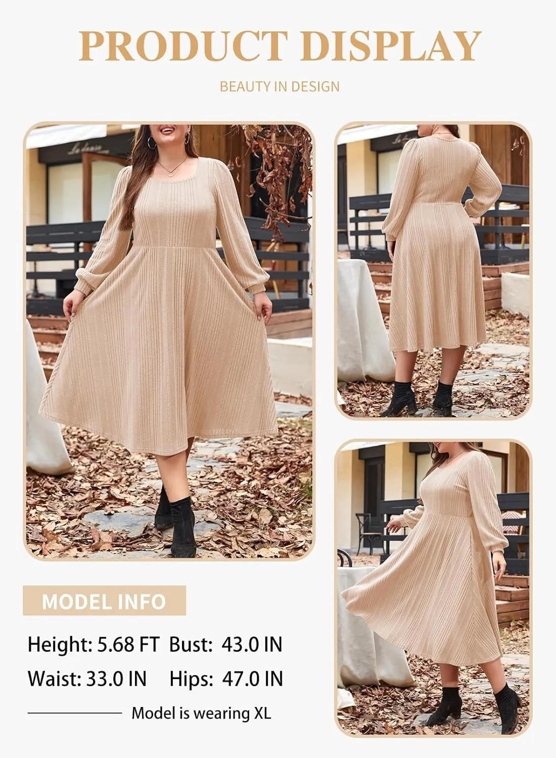 Eytino Womens Plus Size Dress Square Neck Long Sleeve Midi Sweater Dresses with Pockets(1X-5X)