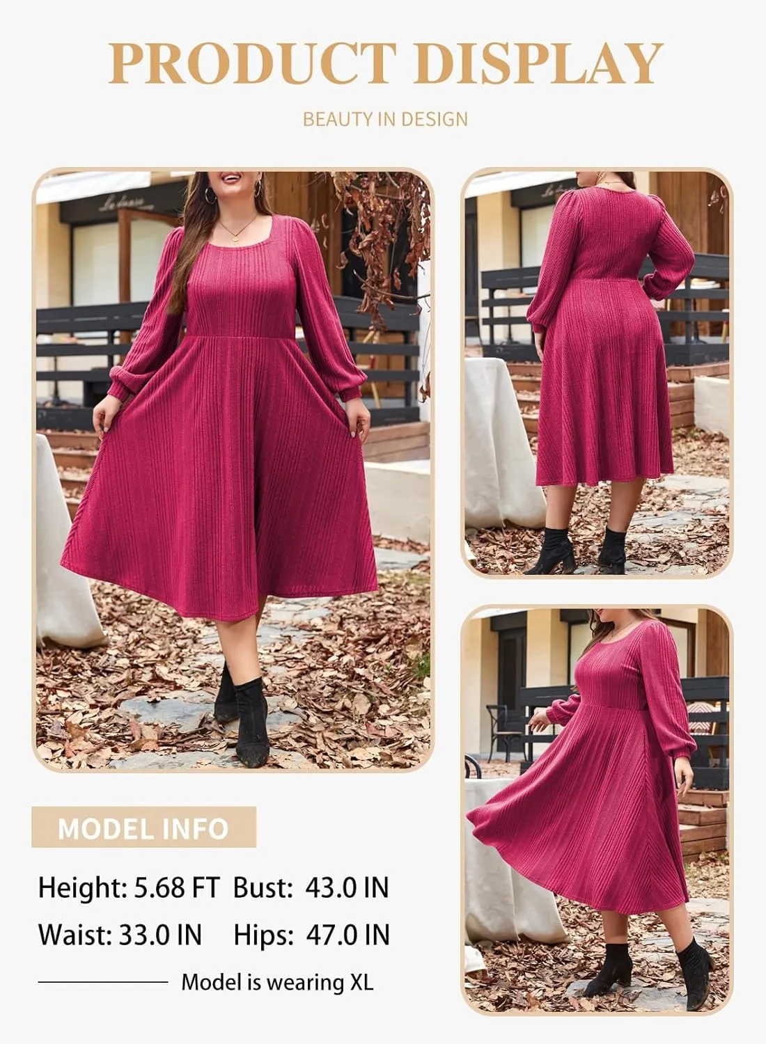 Eytino Womens Plus Size Dress Square Neck Long Sleeve Midi Sweater Dresses with Pockets(1X-5X)