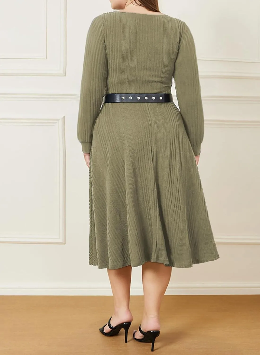 Eytino Womens Plus Size Dress Square Neck Long Sleeve Midi Sweater Dresses with Pockets(1X-5X)