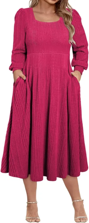 Eytino Womens Plus Size Dress Square Neck Long Sleeve Midi Sweater Dresses with Pockets(1X-5X)