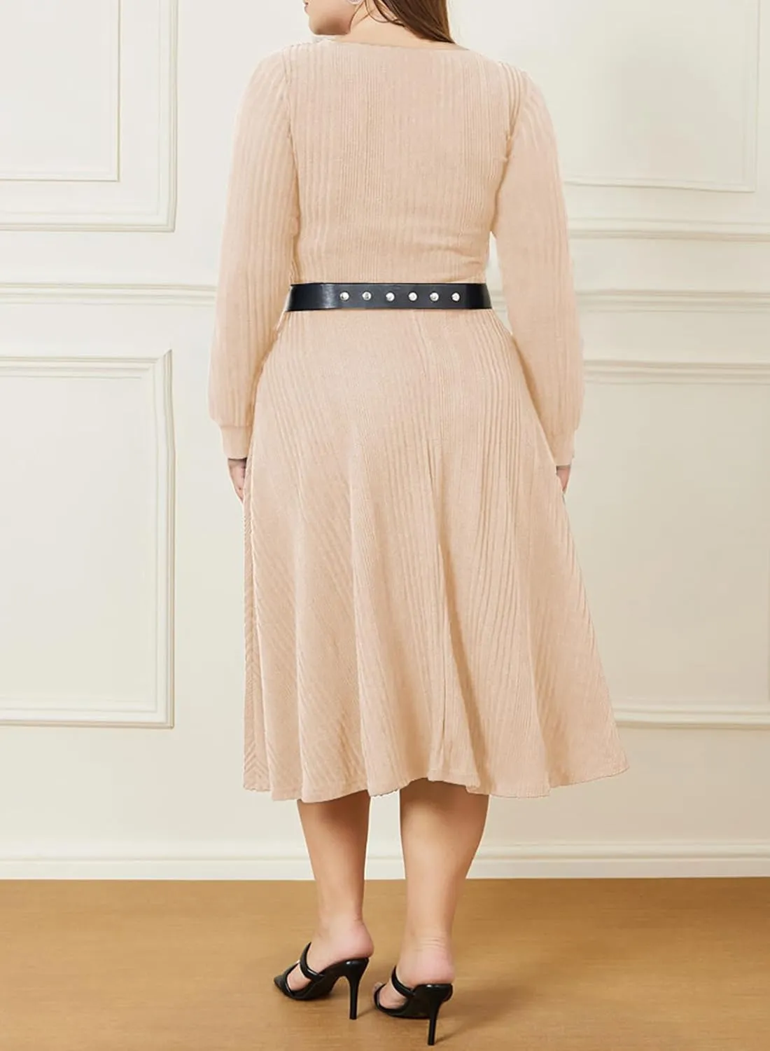 Eytino Womens Plus Size Dress Square Neck Long Sleeve Midi Sweater Dresses with Pockets(1X-5X)