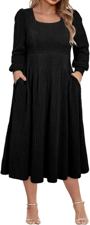 Eytino Womens Plus Size Dress Square Neck Long Sleeve Midi Sweater Dresses with Pockets(1X-5X)