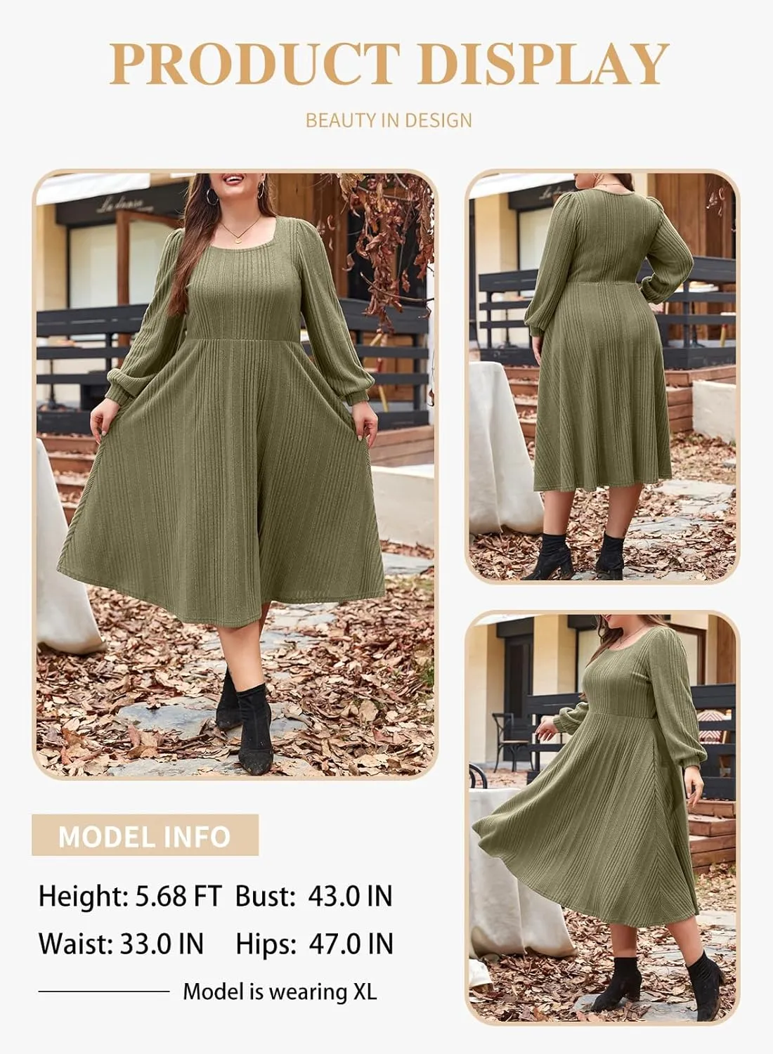 Eytino Womens Plus Size Dress Square Neck Long Sleeve Midi Sweater Dresses with Pockets(1X-5X)