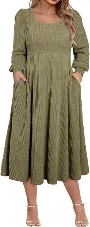 Eytino Womens Plus Size Dress Square Neck Long Sleeve Midi Sweater Dresses with Pockets(1X-5X)