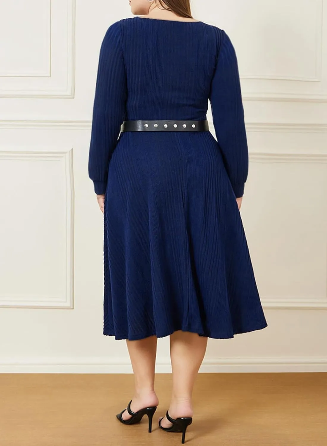 Eytino Womens Plus Size Dress Square Neck Long Sleeve Midi Sweater Dresses with Pockets(1X-5X)