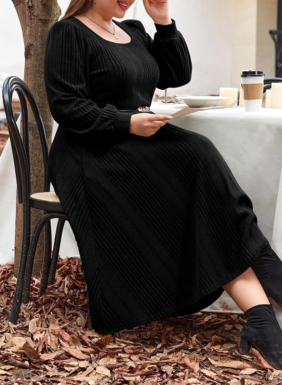 Eytino Womens Plus Size Dress Square Neck Long Sleeve Midi Sweater Dresses with Pockets(1X-5X)