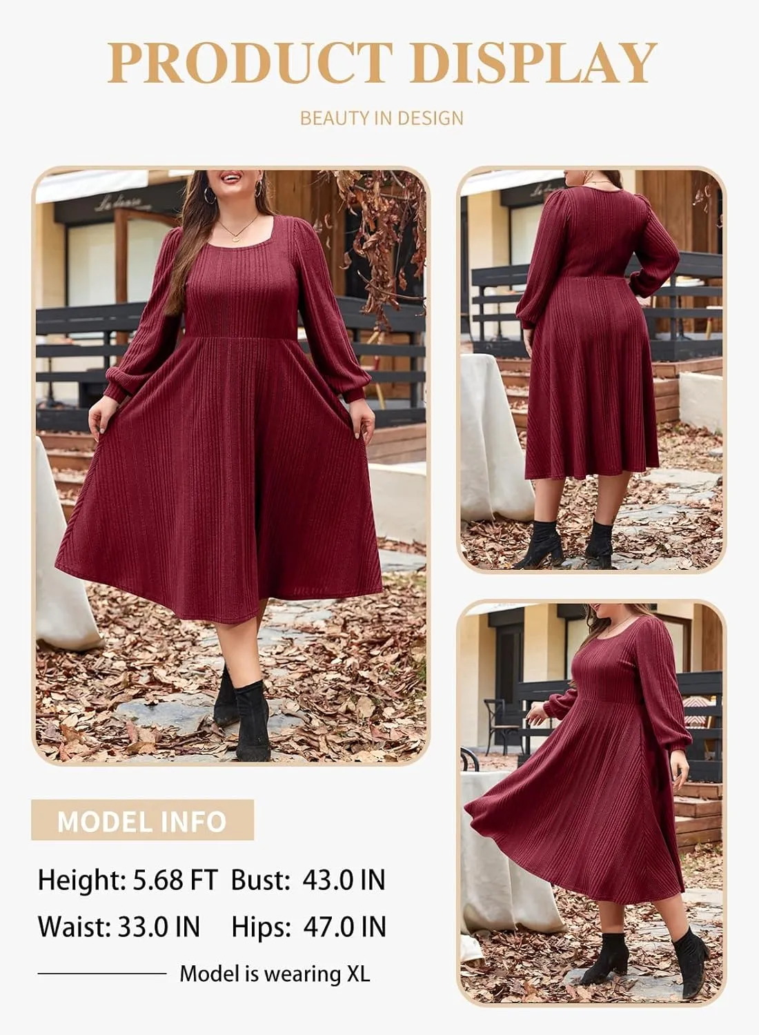 Eytino Womens Plus Size Dress Square Neck Long Sleeve Midi Sweater Dresses with Pockets(1X-5X)