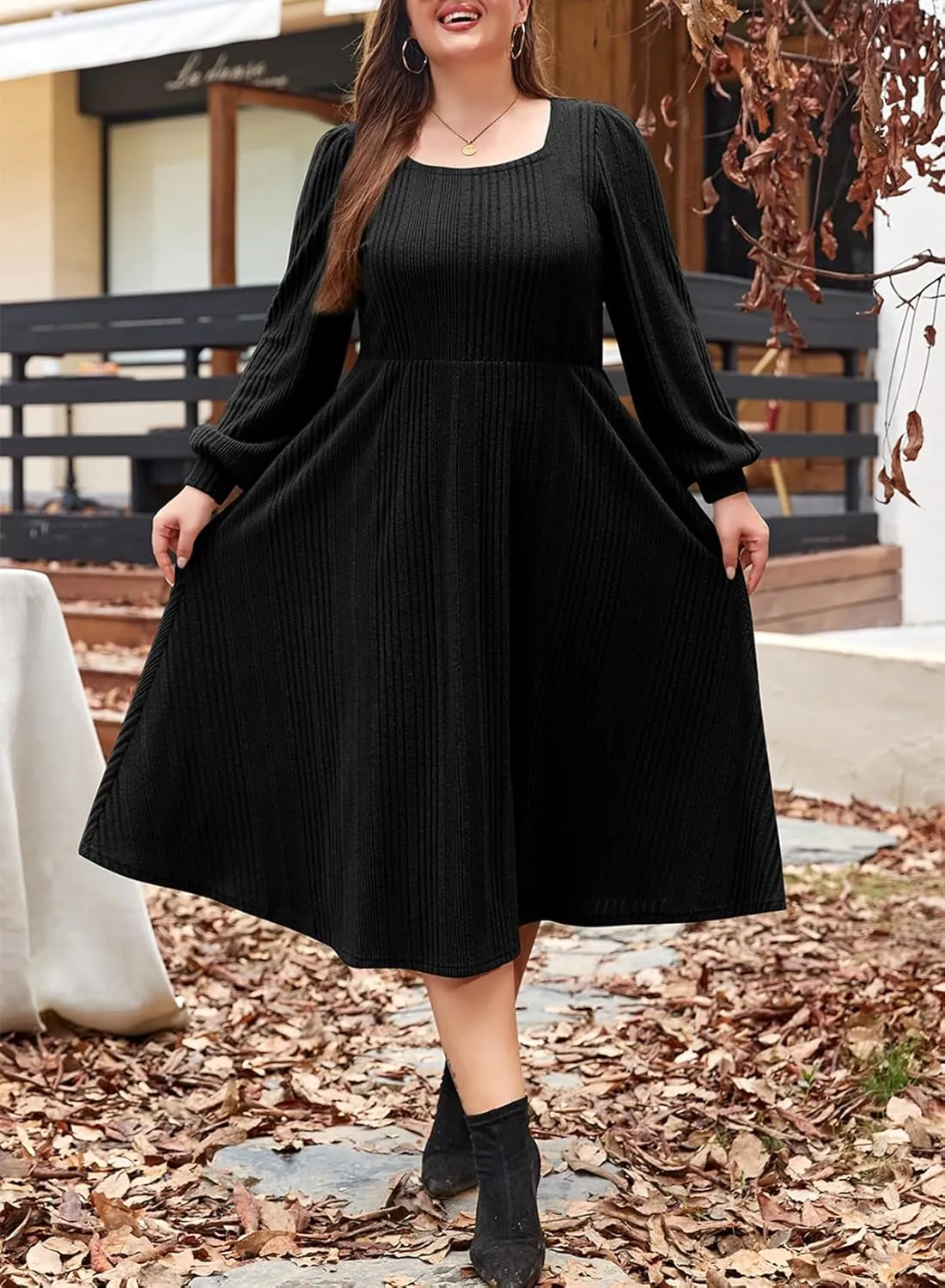 Eytino Womens Plus Size Dress Square Neck Long Sleeve Midi Sweater Dresses with Pockets(1X-5X)