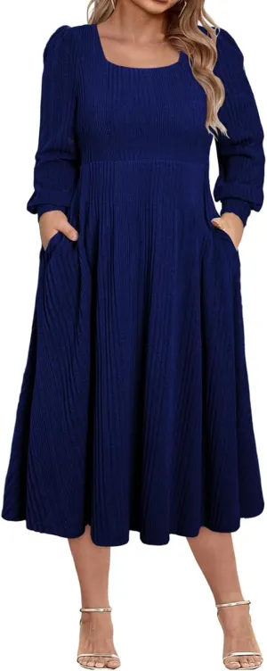 Eytino Womens Plus Size Dress Square Neck Long Sleeve Midi Sweater Dresses with Pockets(1X-5X)
