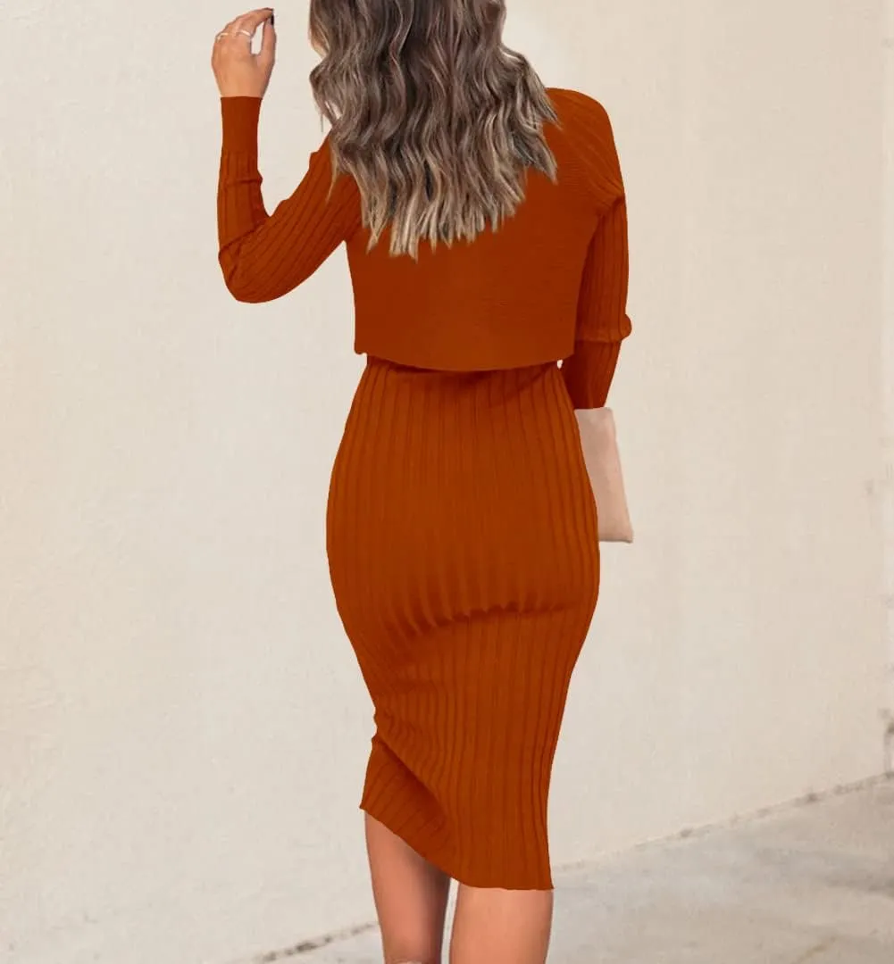 Ezbelle Women's Long Sleeve Sweater Dresses 2 Piece Outfits Sets Ribbed Knit Crop Tops and Tank Bodycon Midi Dress