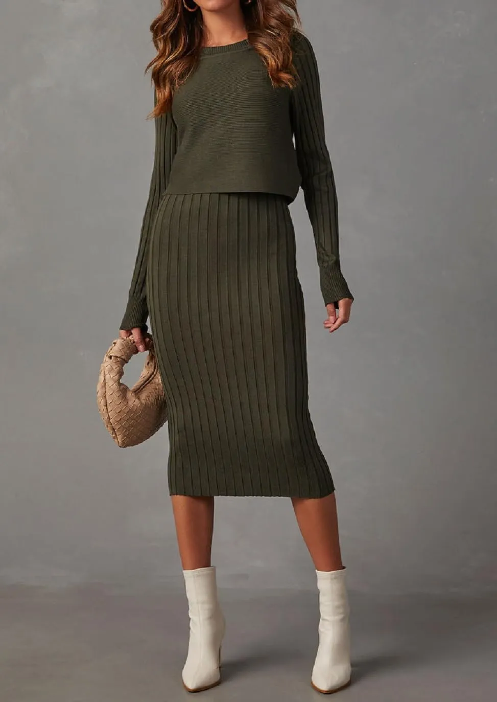 Ezbelle Women's Long Sleeve Sweater Dresses 2 Piece Outfits Sets Ribbed Knit Crop Tops and Tank Bodycon Midi Dress