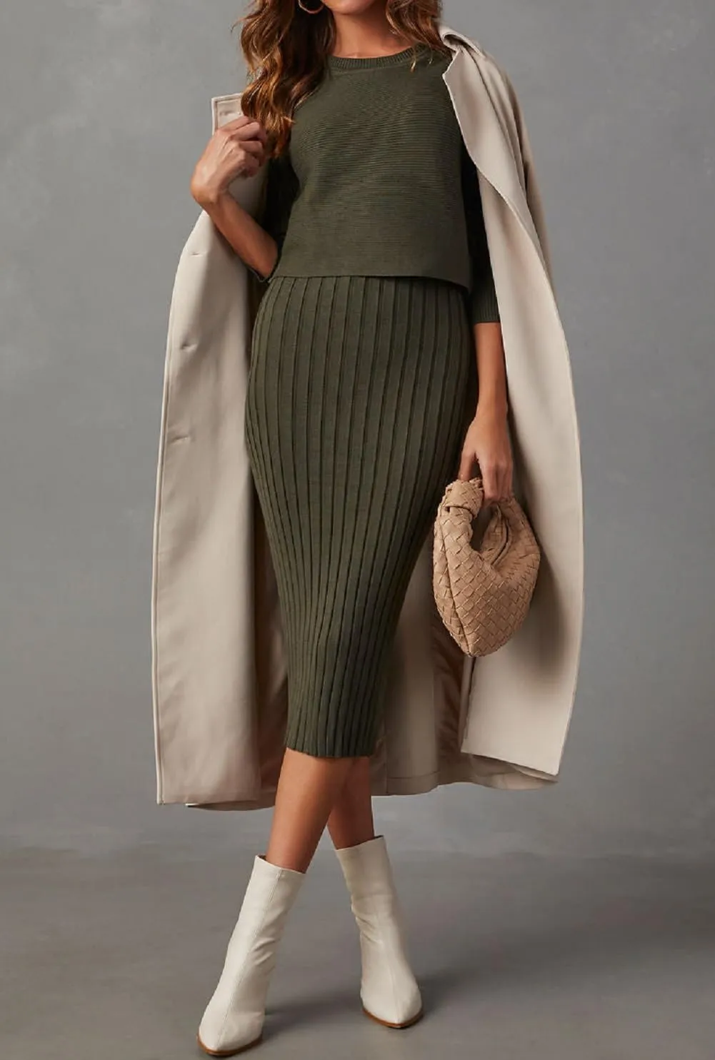 Ezbelle Women's Long Sleeve Sweater Dresses 2 Piece Outfits Sets Ribbed Knit Crop Tops and Tank Bodycon Midi Dress