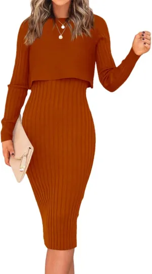 Ezbelle Women's Long Sleeve Sweater Dresses 2 Piece Outfits Sets Ribbed Knit Crop Tops and Tank Bodycon Midi Dress