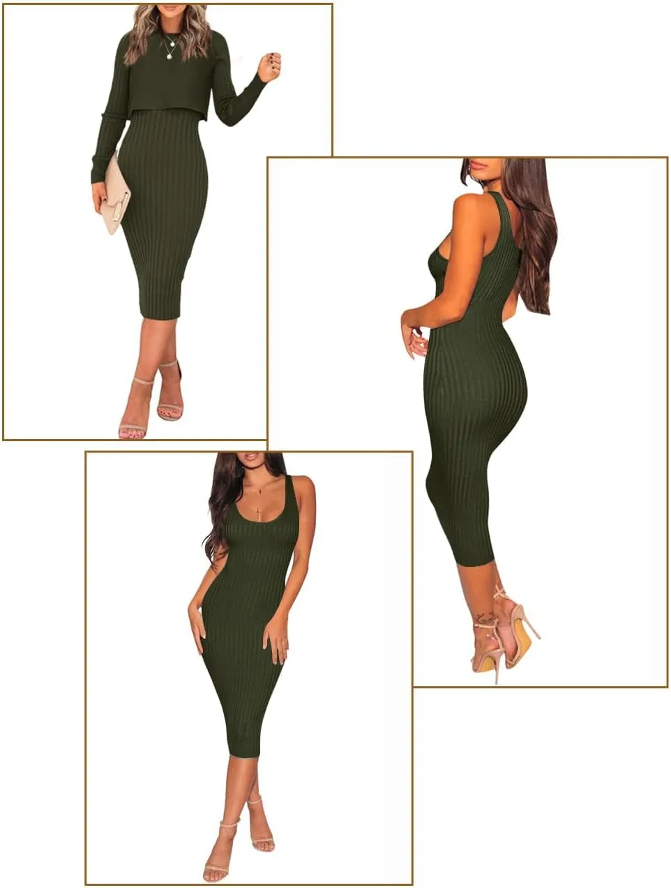 Ezbelle Women's Long Sleeve Sweater Dresses 2 Piece Outfits Sets Ribbed Knit Crop Tops and Tank Bodycon Midi Dress