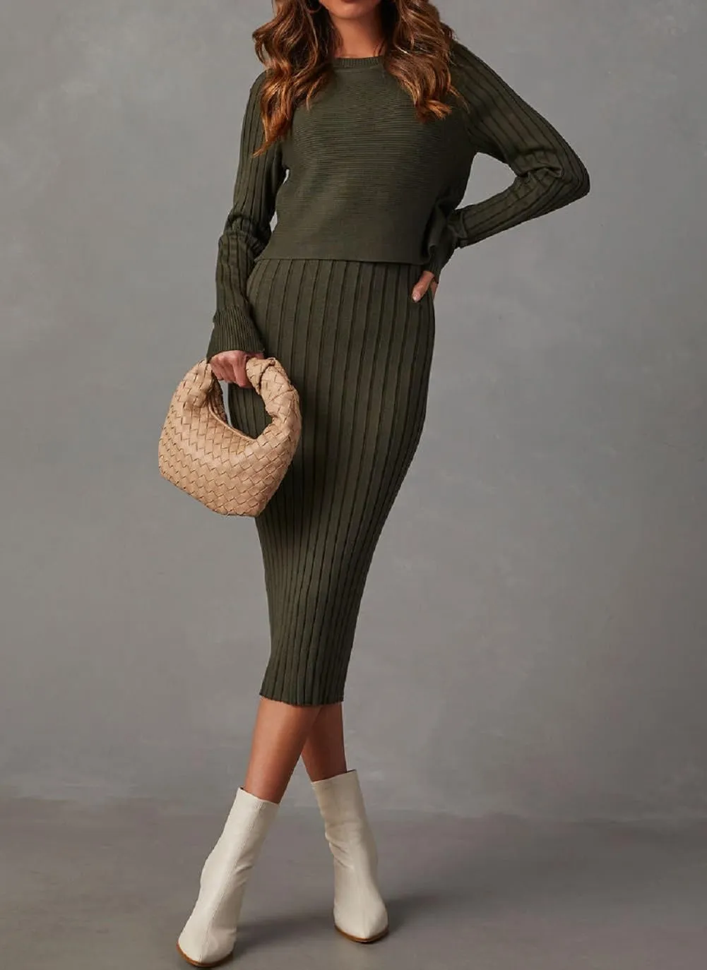 Ezbelle Women's Long Sleeve Sweater Dresses 2 Piece Outfits Sets Ribbed Knit Crop Tops and Tank Bodycon Midi Dress