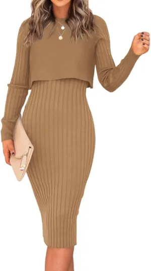 Ezbelle Women's Long Sleeve Sweater Dresses 2 Piece Outfits Sets Ribbed Knit Crop Tops and Tank Bodycon Midi Dress