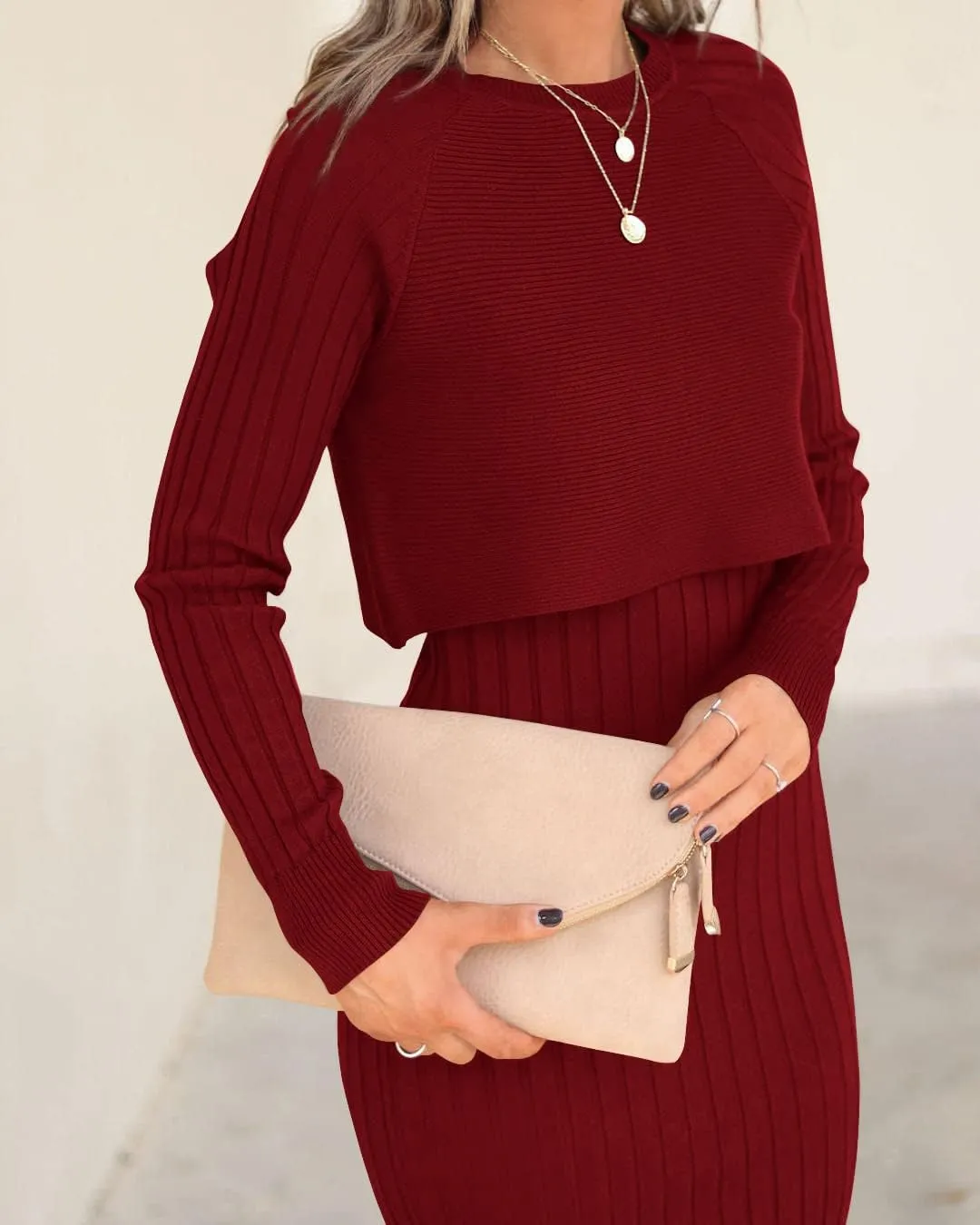 Ezbelle Women's Long Sleeve Sweater Dresses 2 Piece Outfits Sets Ribbed Knit Crop Tops and Tank Bodycon Midi Dress