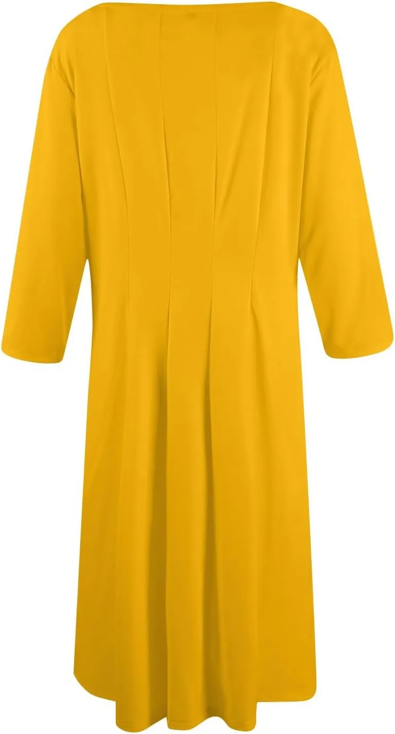 Fall Dresses for Women 2024 Casual A Line 3/4 Sleeve Crew Neck Flowy Pleated Midi Tshirt Dress with Pockets