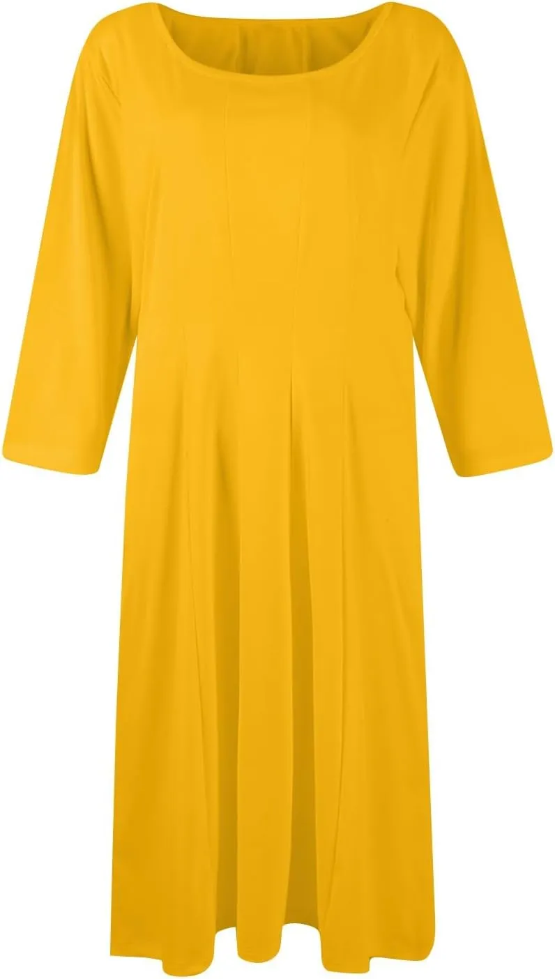 Fall Dresses for Women 2024 Casual A Line 3/4 Sleeve Crew Neck Flowy Pleated Midi Tshirt Dress with Pockets