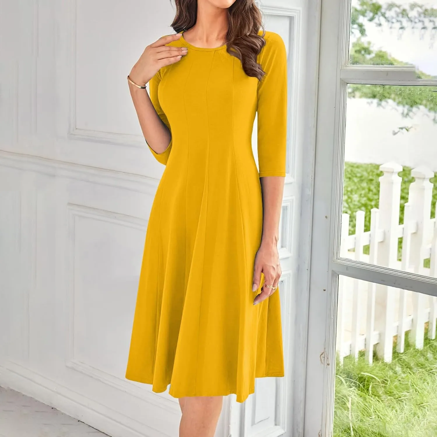 Fall Dresses for Women 2024 Casual A Line 3/4 Sleeve Crew Neck Flowy Pleated Midi Tshirt Dress with Pockets