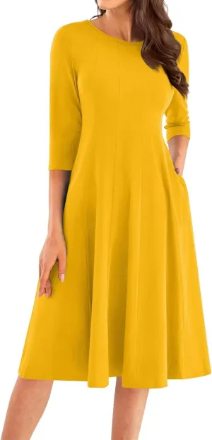 Fall Dresses for Women 2024 Casual A Line 3/4 Sleeve Crew Neck Flowy Pleated Midi Tshirt Dress with Pockets