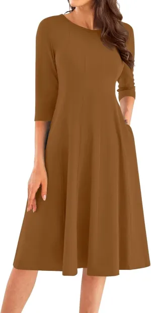 Fall Dresses for Women 2024 Casual A Line 3/4 Sleeve Crew Neck Flowy Pleated Midi Tshirt Dress with Pockets