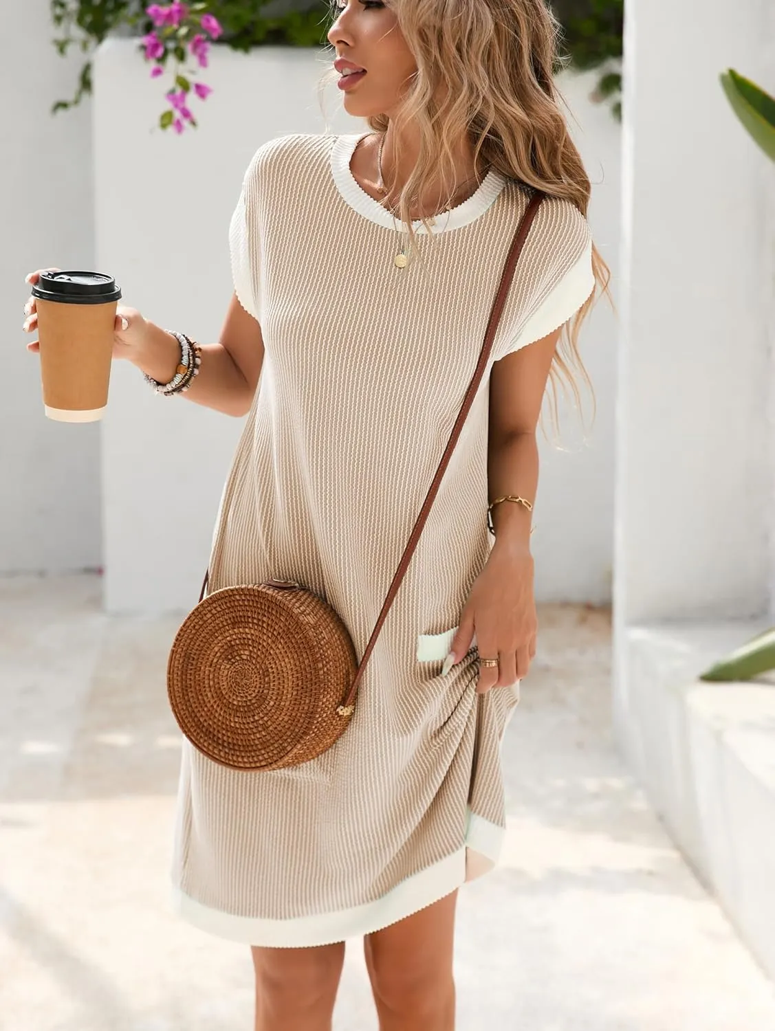 Famulily Women's Casual Summer Dresses Ribbed Knit Colorblock Crewneck Cap Sleeve Soft Dress for Women with Patch Pockets