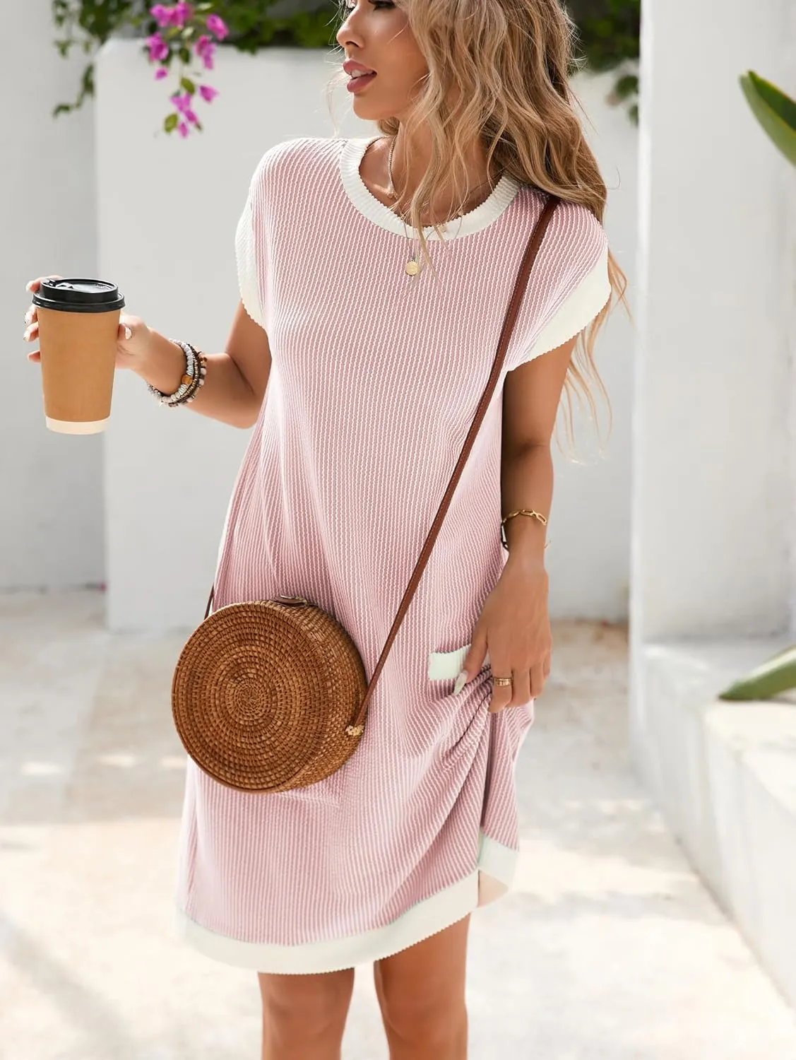 Famulily Women's Casual Summer Dresses Ribbed Knit Colorblock Crewneck Cap Sleeve Soft Dress for Women with Patch Pockets