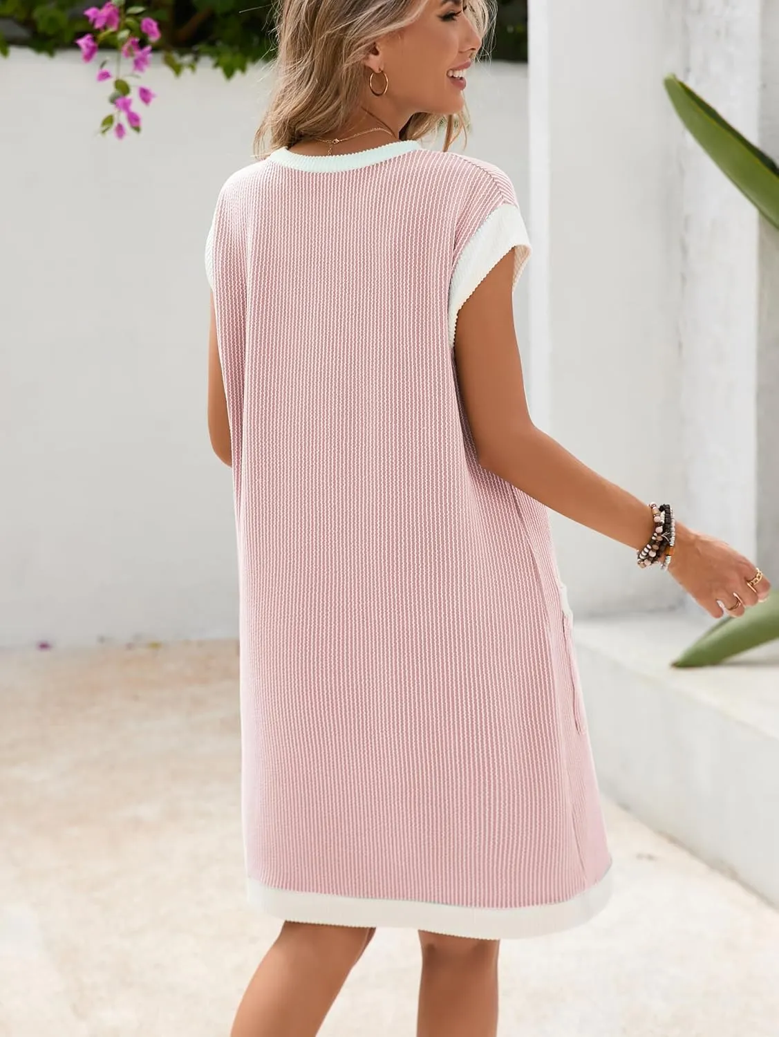 Famulily Women's Casual Summer Dresses Ribbed Knit Colorblock Crewneck Cap Sleeve Soft Dress for Women with Patch Pockets