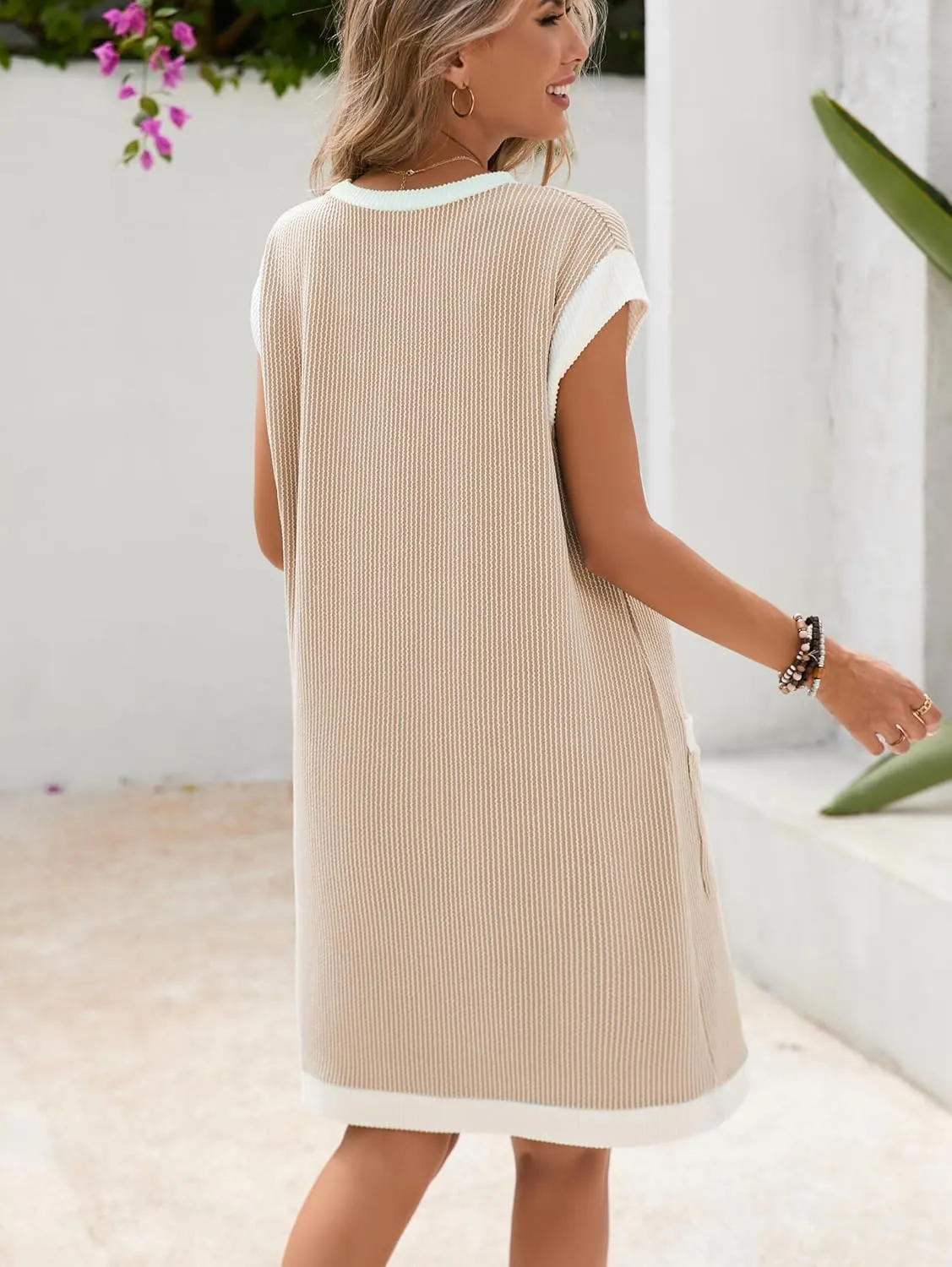 Famulily Women's Casual Summer Dresses Ribbed Knit Colorblock Crewneck Cap Sleeve Soft Dress for Women with Patch Pockets