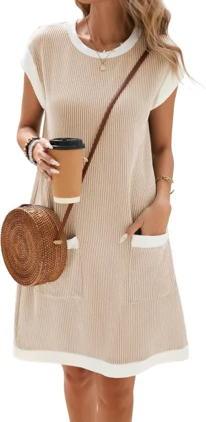 Famulily Women's Casual Summer Dresses Ribbed Knit Colorblock Crewneck Cap Sleeve Soft Dress for Women with Patch Pockets