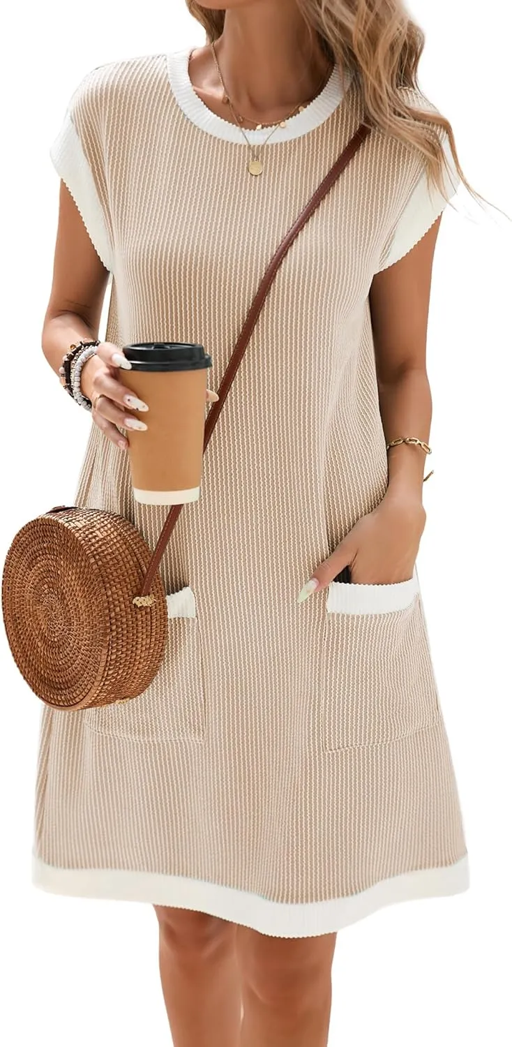 Famulily Women's Casual Summer Dresses Ribbed Knit Colorblock Crewneck Cap Sleeve Soft Dress for Women with Patch Pockets