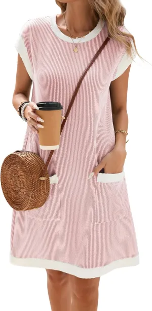 Famulily Women's Casual Summer Dresses Ribbed Knit Colorblock Crewneck Cap Sleeve Soft Dress for Women with Patch Pockets