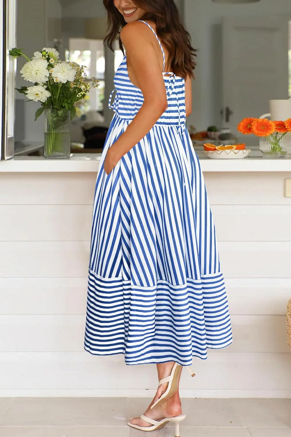 Fashionme Womens Summer Maxi Dresses 2025 Trendy Striped Vacation Boho Beach Spaghetti Strap Sundress Back Tie with Pockets