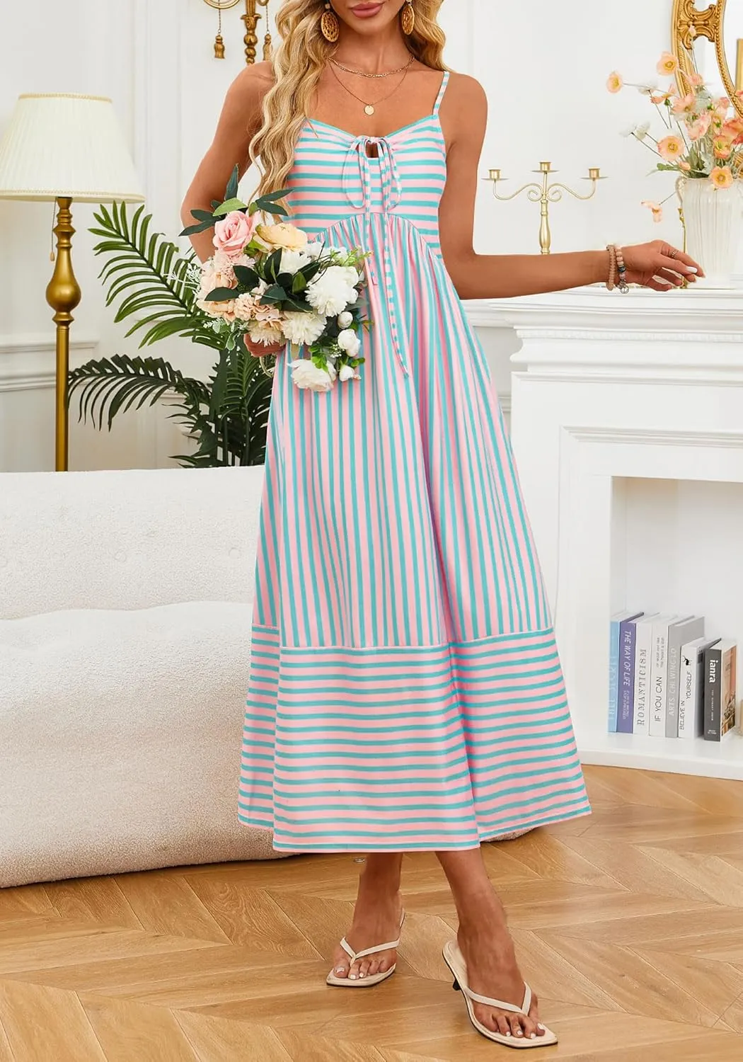 Fashionme Womens Summer Maxi Dresses 2025 Trendy Striped Vacation Boho Beach Spaghetti Strap Sundress Back Tie with Pockets