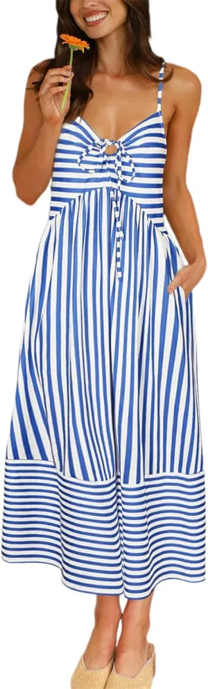 Fashionme Womens Summer Maxi Dresses 2025 Trendy Striped Vacation Boho Beach Spaghetti Strap Sundress Back Tie with Pockets