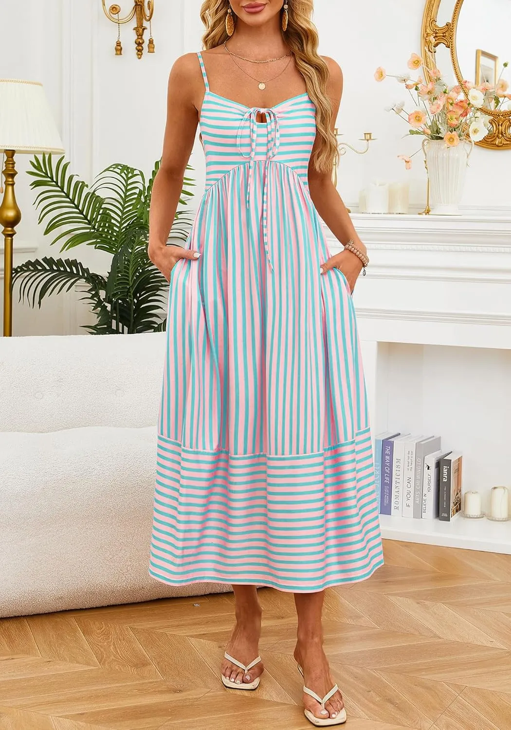 Fashionme Womens Summer Maxi Dresses 2025 Trendy Striped Vacation Boho Beach Spaghetti Strap Sundress Back Tie with Pockets