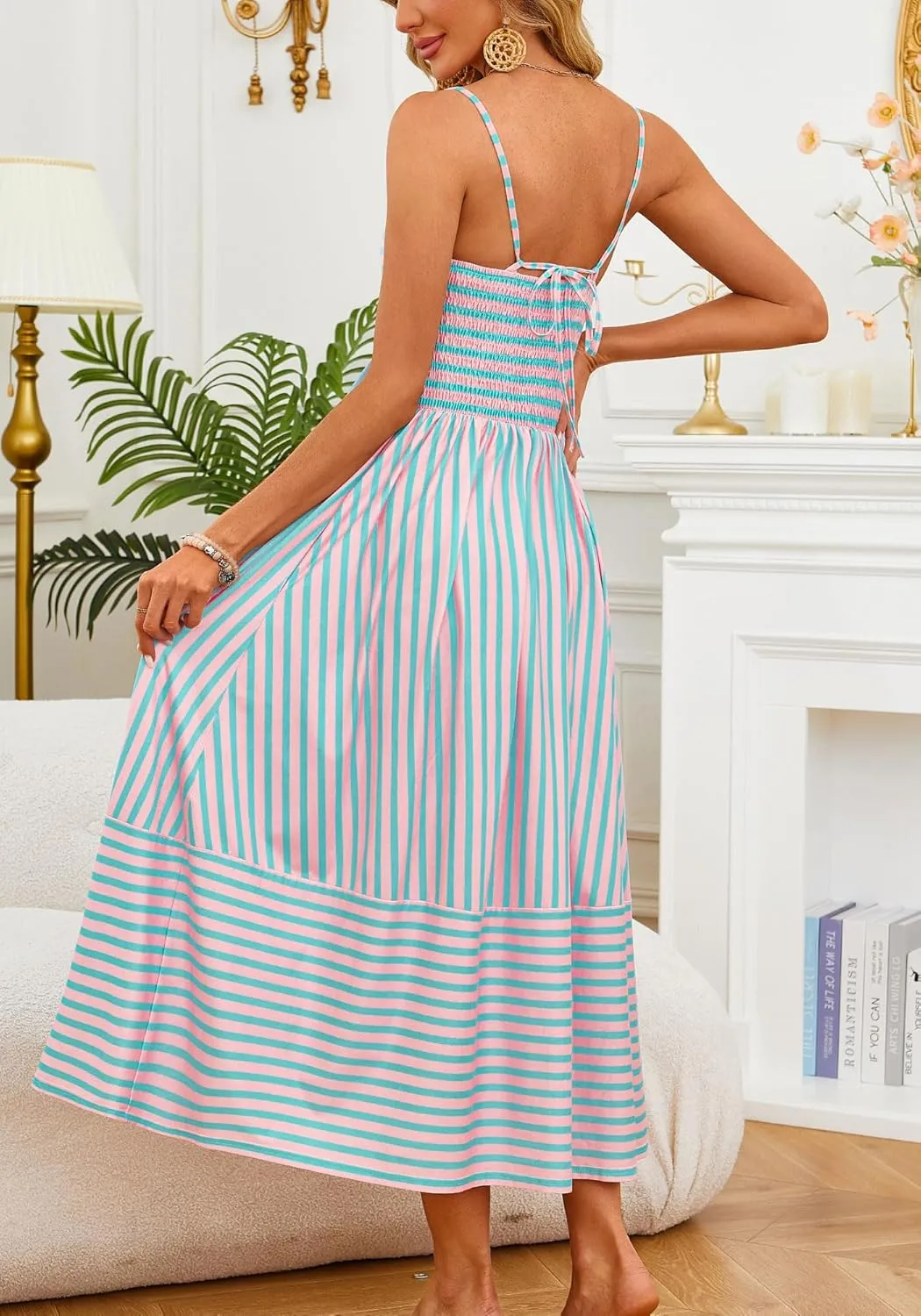 Fashionme Womens Summer Maxi Dresses 2025 Trendy Striped Vacation Boho Beach Spaghetti Strap Sundress Back Tie with Pockets