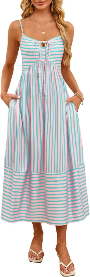 Fashionme Womens Summer Maxi Dresses 2025 Trendy Striped Vacation Boho Beach Spaghetti Strap Sundress Back Tie with Pockets