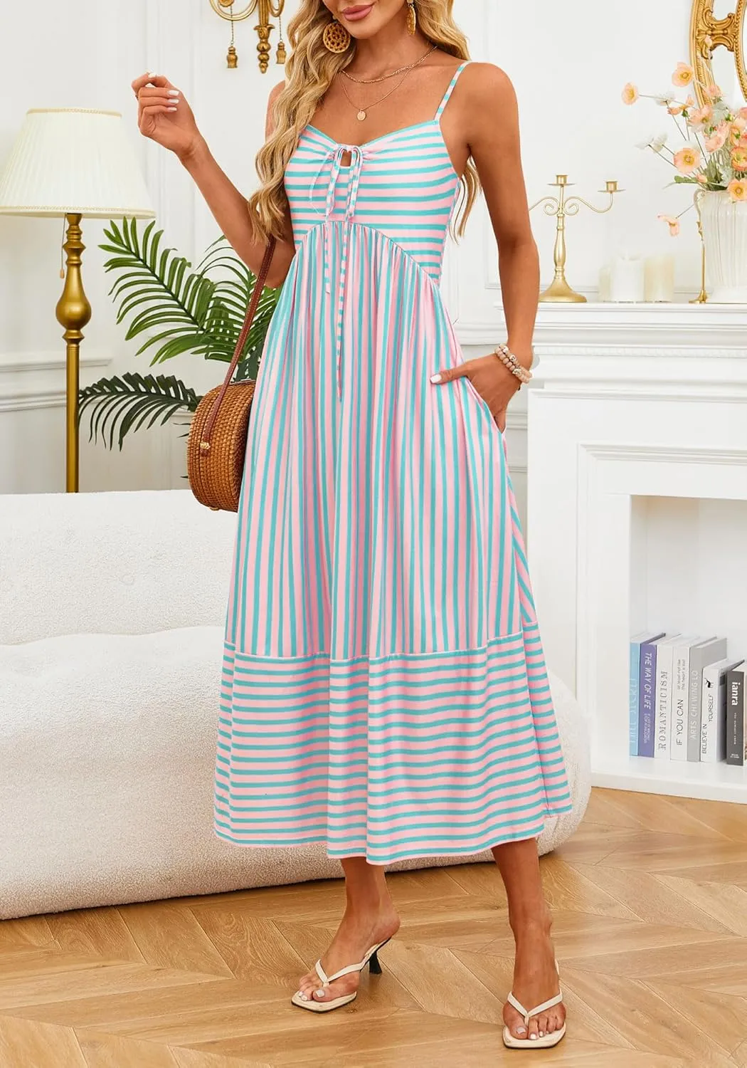 Fashionme Womens Summer Maxi Dresses 2025 Trendy Striped Vacation Boho Beach Spaghetti Strap Sundress Back Tie with Pockets