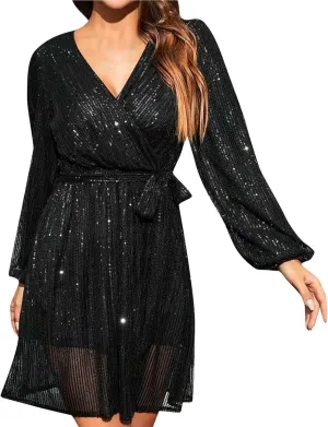Firzero Plus Size Formal Dresses for Women 2024 Trendy Sequin Evening Party Dresses Sexy Lantern Sleeve V Neck Dresses Belt
