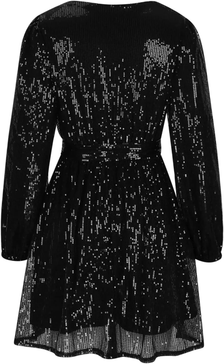 Firzero Plus Size Formal Dresses for Women 2024 Trendy Sequin Evening Party Dresses Sexy Lantern Sleeve V Neck Dresses Belt