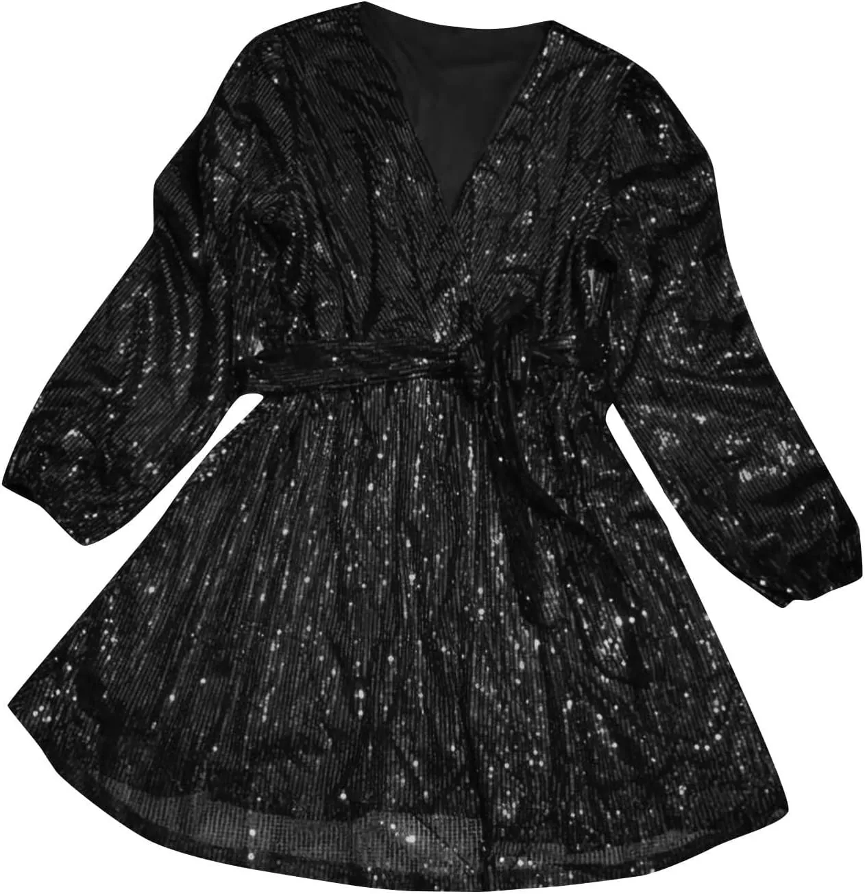 Firzero Plus Size Formal Dresses for Women 2024 Trendy Sequin Evening Party Dresses Sexy Lantern Sleeve V Neck Dresses Belt