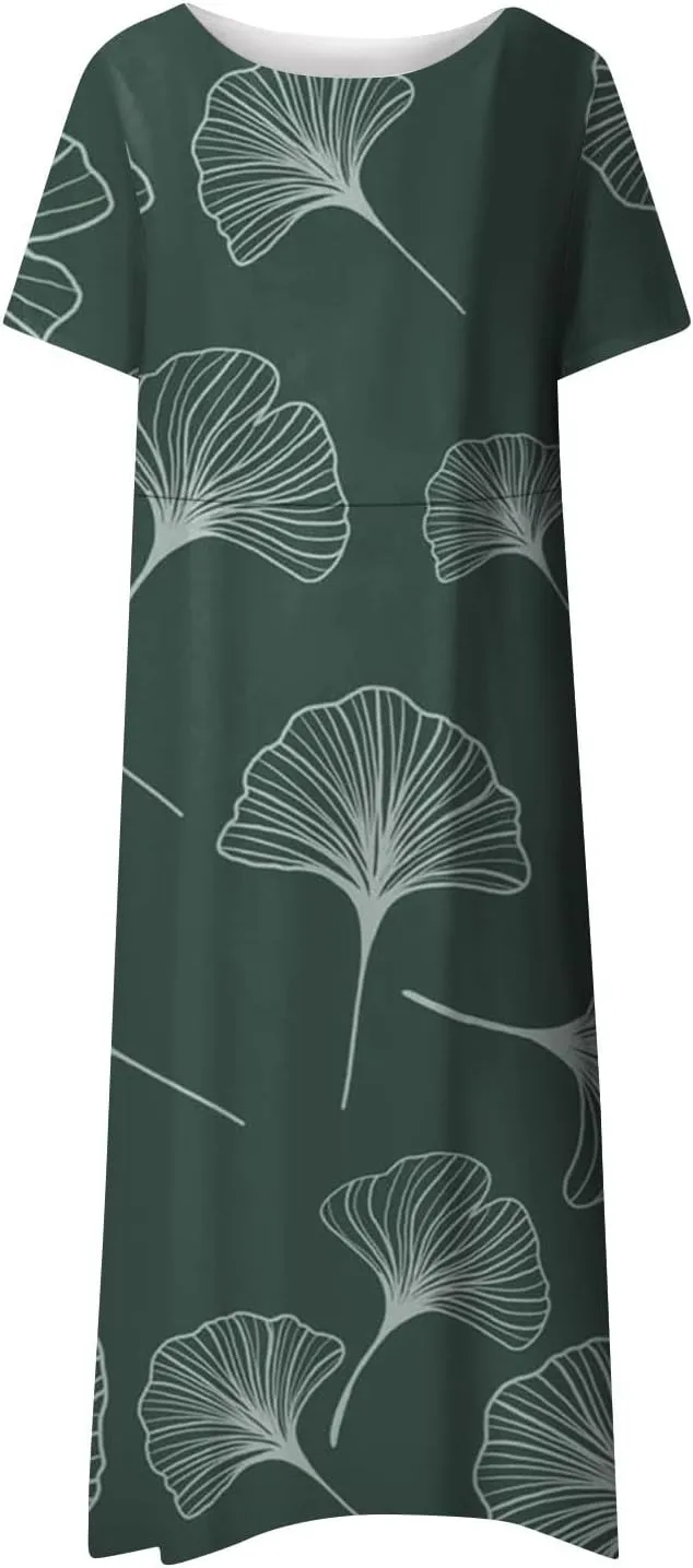 FlekmanArt Women's 2024 Casual Floral Printed Maxi Dress with Short Sleeves, Pocket, Loose Fit, Size S, Blue