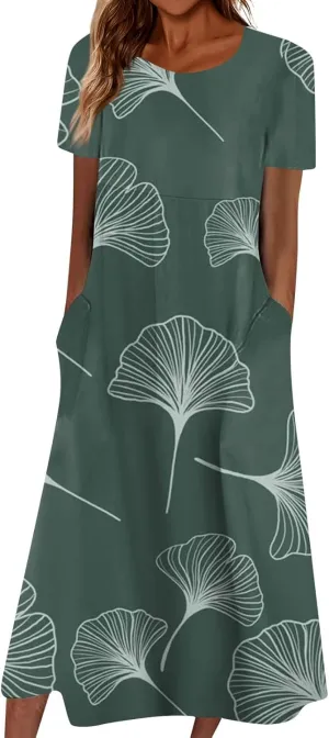 FlekmanArt Women's 2024 Casual Floral Printed Maxi Dress with Short Sleeves, Pocket, Loose Fit, Size S, Blue