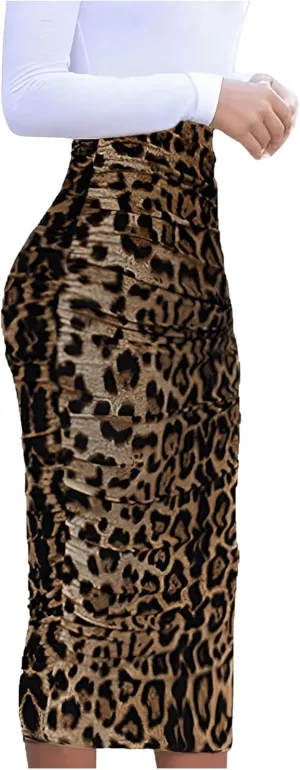 Floerns Women's Elegant Leopard Print Ruched Bodycon Pencil Long Skirts