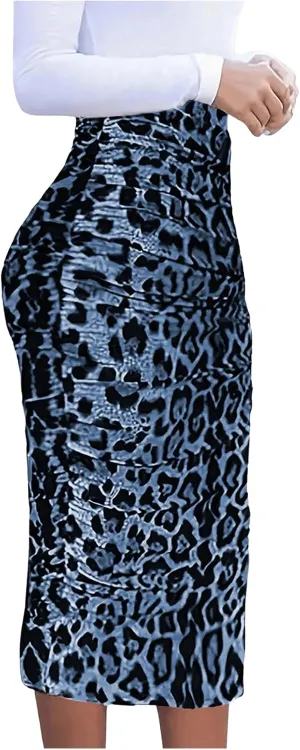 Floerns Women's Elegant Leopard Print Ruched Bodycon Pencil Long Skirts