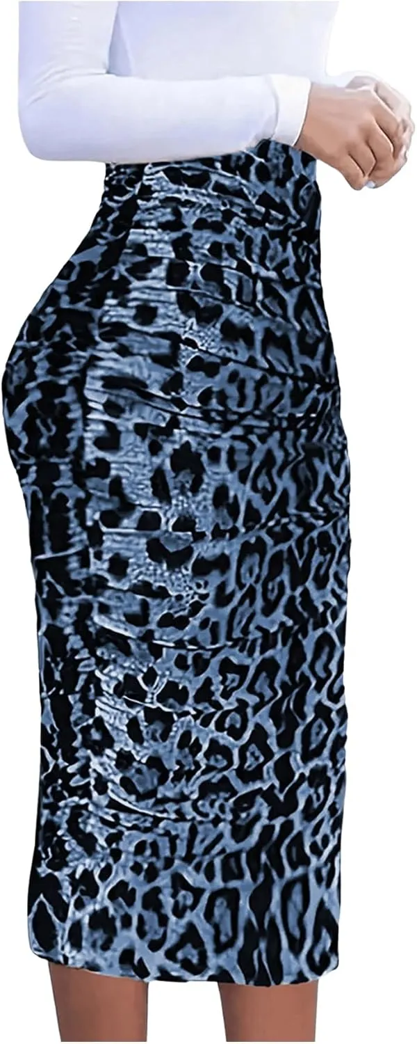 Floerns Women's Elegant Leopard Print Ruched Bodycon Pencil Long Skirts