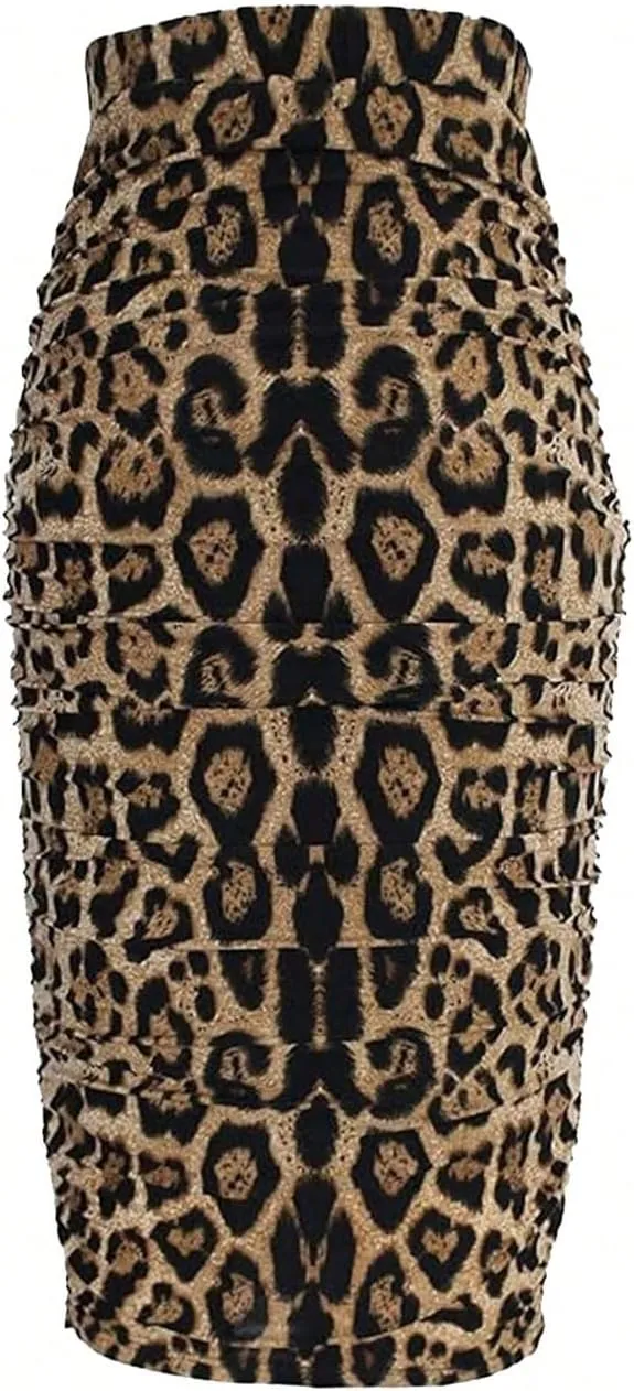 Floerns Women's Elegant Leopard Print Ruched Bodycon Pencil Long Skirts